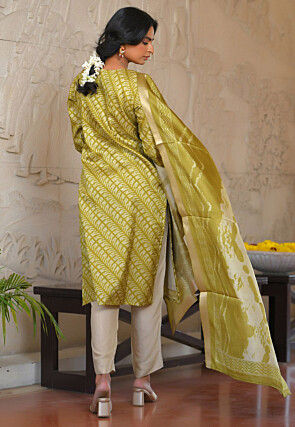 Digital Printed Art Silk Pakistani Suit in Olive Green