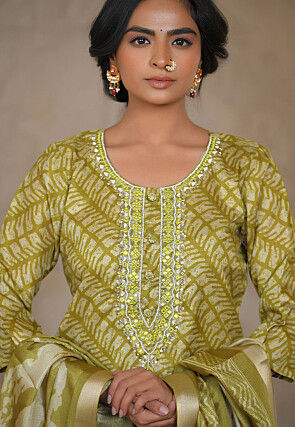 Digital Printed Art Silk Pakistani Suit in Olive Green