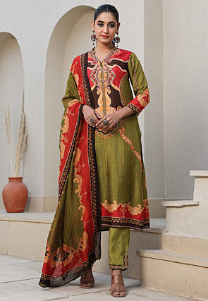 Digital Printed Art Silk Pakistani Suit in Olive Green