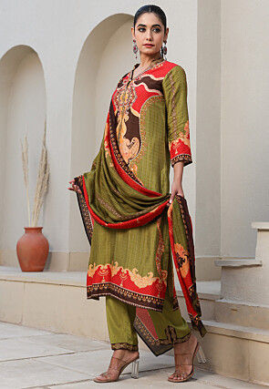 Digital Printed Art Silk Pakistani Suit in Olive Green