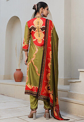 Digital Printed Art Silk Pakistani Suit in Olive Green