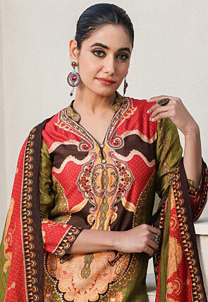 Digital Printed Art Silk Pakistani Suit in Olive Green