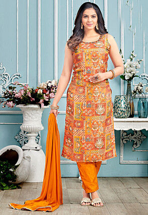 Digital Printed Art Silk Pakistani Suit in Orange