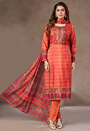 Digital Printed Art Silk Pakistani Suit in Orange