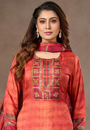 Digital Printed Art Silk Pakistani Suit in Orange