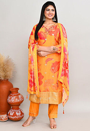 Digital Printed Art Silk Pakistani Suit in Orange