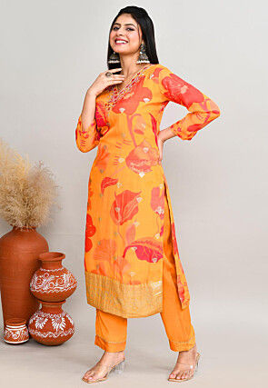 Digital Printed Art Silk Pakistani Suit in Orange