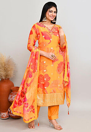 Digital Printed Art Silk Pakistani Suit in Orange