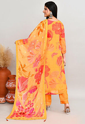 Digital Printed Art Silk Pakistani Suit in Orange