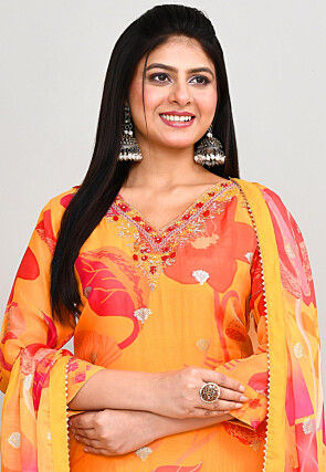 Digital Printed Art Silk Pakistani Suit in Orange