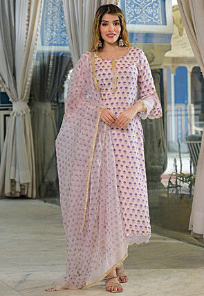 Digital Printed Art Silk Pakistani Suit in Peach