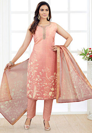 Digital Printed Art Silk Pakistani Suit in Peach