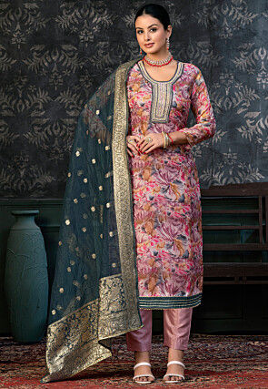 Digital Printed Art Silk Pakistani Suit in Pink