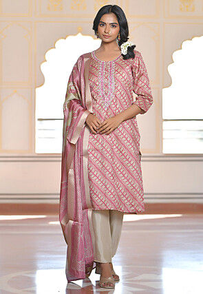 Digital Printed Art Silk Pakistani Suit in Pink