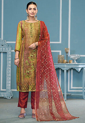 Digital Printed Art Silk Pakistani Suit in Red and Green