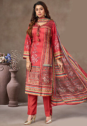 Digital Printed Art Silk Pakistani Suit in Red