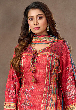 Digital Printed Art Silk Pakistani Suit in Red