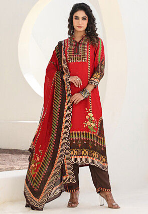 Digital Printed Art Silk Pakistani Suit in Red