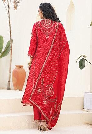 Digital Printed Art Silk Pakistani Suit in Red