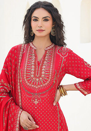 Digital Printed Art Silk Pakistani Suit in Red