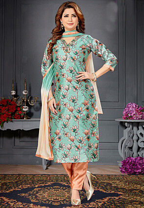 Digital Printed Art Silk Pakistani Suit in Sea Green