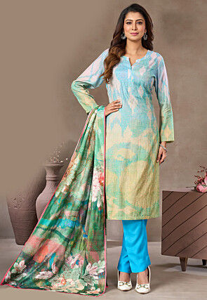 Digital Printed Art Silk Pakistani Suit in Sky Blue