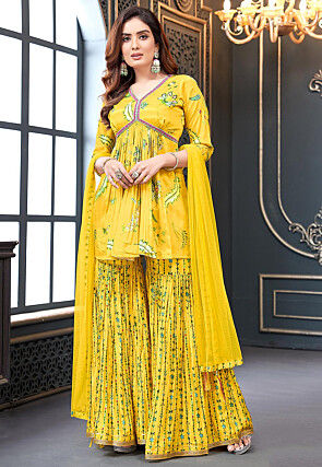 Digital Printed Art Silk Pakistani Suit in Yellow