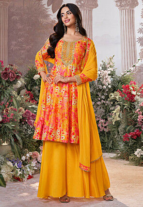 Digital Printed Art Silk Pakistani Suit in Yellow