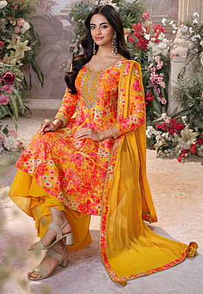 Digital Printed Art Silk Pakistani Suit in Yellow