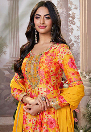 Digital Printed Art Silk Pakistani Suit in Yellow