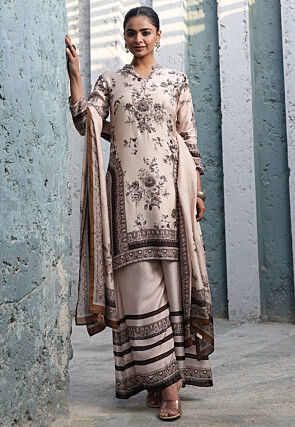 Digital Printed Art Silk Pakistani Suit in Light Beige