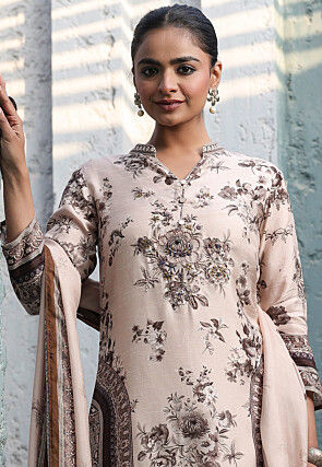 Digital Printed Art Silk Pakistani Suit in Light Beige