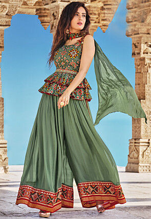 Embroidered Green Chanderi Printed Peplum Top With Flared Palazzo And  Chiffon Dupatta