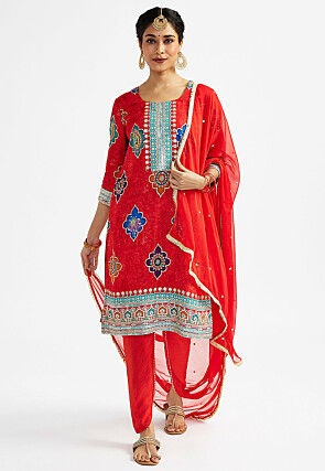 Digital Printed Art Silk Punjabi Suit in Red