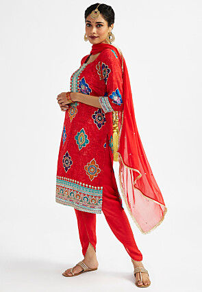 Digital Printed Art Silk Punjabi Suit in Red