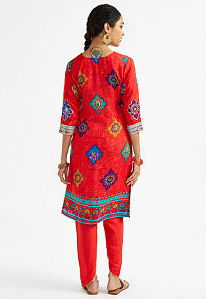 Digital Printed Art Silk Punjabi Suit in Red