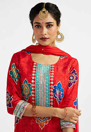 Digital Printed Art Silk Punjabi Suit in Red