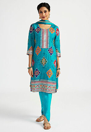 Digital Printed Art Silk Punjabi Suit in Turquoise