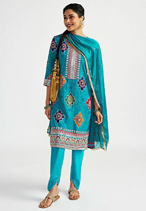 Digital Printed Art Silk Punjabi Suit in Turquoise