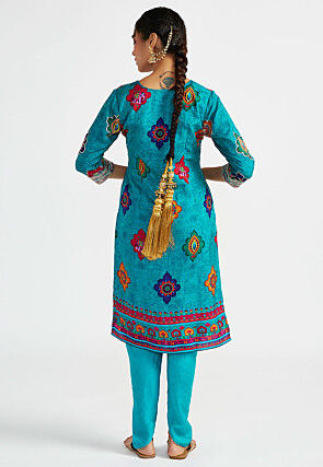 Digital Printed Art Silk Punjabi Suit in Turquoise