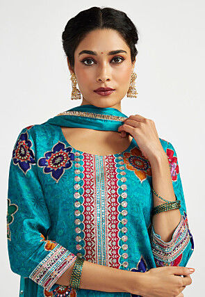 Digital Printed Art Silk Punjabi Suit in Turquoise