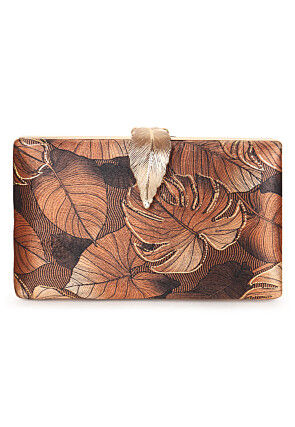 Digital Printed Art Silk Rectangular Clutch Bag in Brown