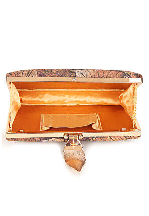 Digital Printed Art Silk Rectangular Clutch Bag in Brown