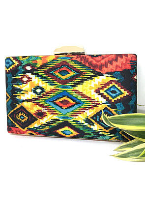Digital Printed Art Silk Rectangular Clutch Bag in Multicolor