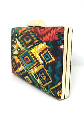 Digital Printed Art Silk Rectangular Clutch Bag in Multicolor