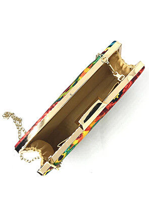 Digital Printed Art Silk Rectangular Clutch Bag in Multicolor