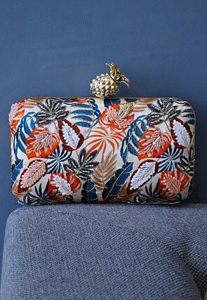 Digital Printed Art Silk Rectangular Clutch Bag in Multicolor