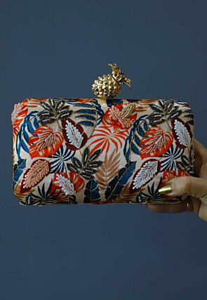 Digital Printed Art Silk Rectangular Clutch Bag in Multicolor