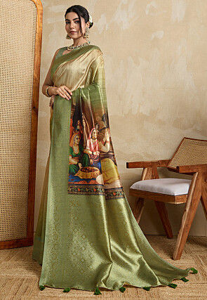 Digital Printed Art Silk Saree in Beige and Green