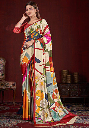 Digital Printed Art Silk Saree in Beige and Multicolor